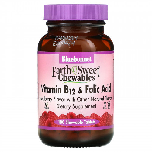 Bluebonnet Nutrition, EarthSweet, витамин B-12 и фолиевая кислота, натуральный малиновый ароматизатор, 180 жевательных таблеток