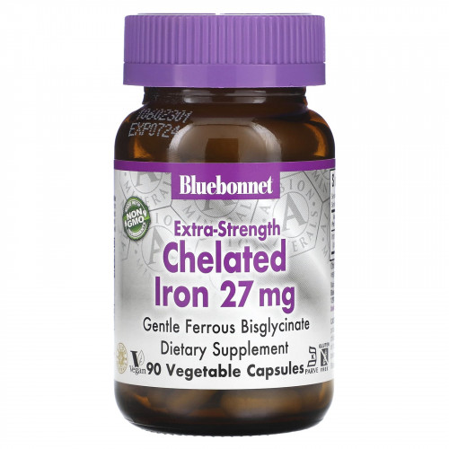 Bluebonnet Nutrition, Хелатное железо усиленного действия, 27 мг, 90 растительных капсул