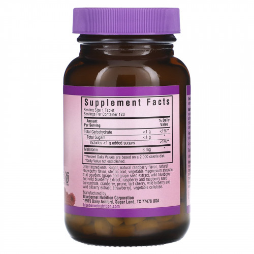 Bluebonnet Nutrition, EarthSweet, жевательные таблетки, мелатонин, натуральная малина, 3 мг, 120 жевательных таблеток