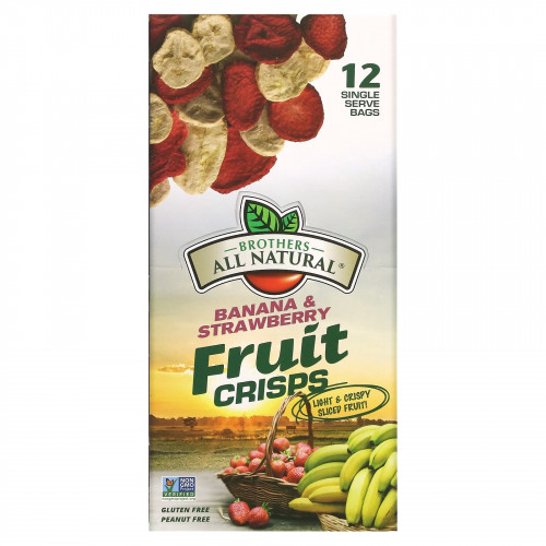 Brothers-All-Natural, Набор фруктовых чипсов, замороженные и высушенные клубника и бананы, 12 порционных пакетиков, 0.42 унций (12 г) каждый