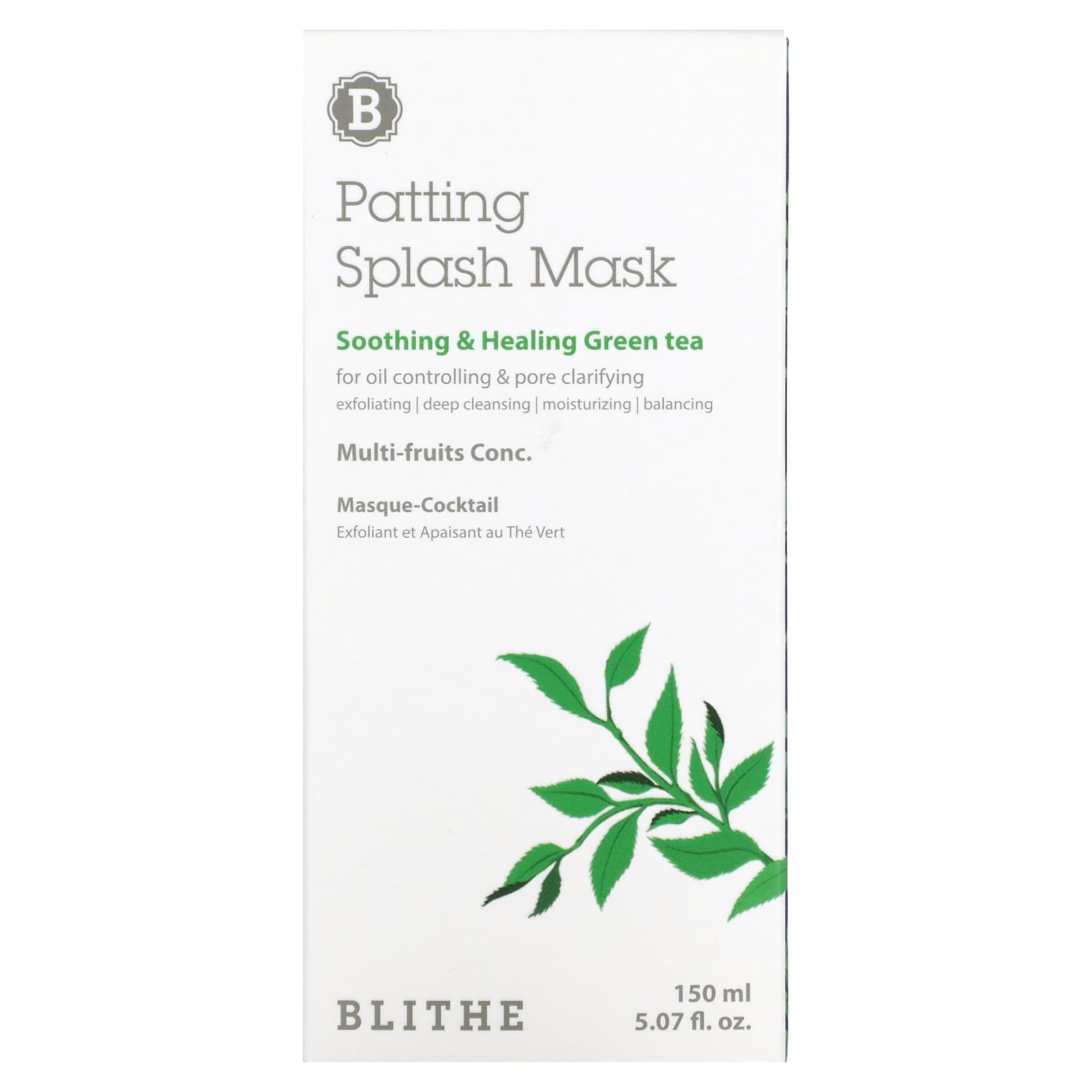 Blithe, Patting Splash Mask, успокаивающая и заживляющая маска с зеленым чаем, 150 мл (5,07 жидк. унции)