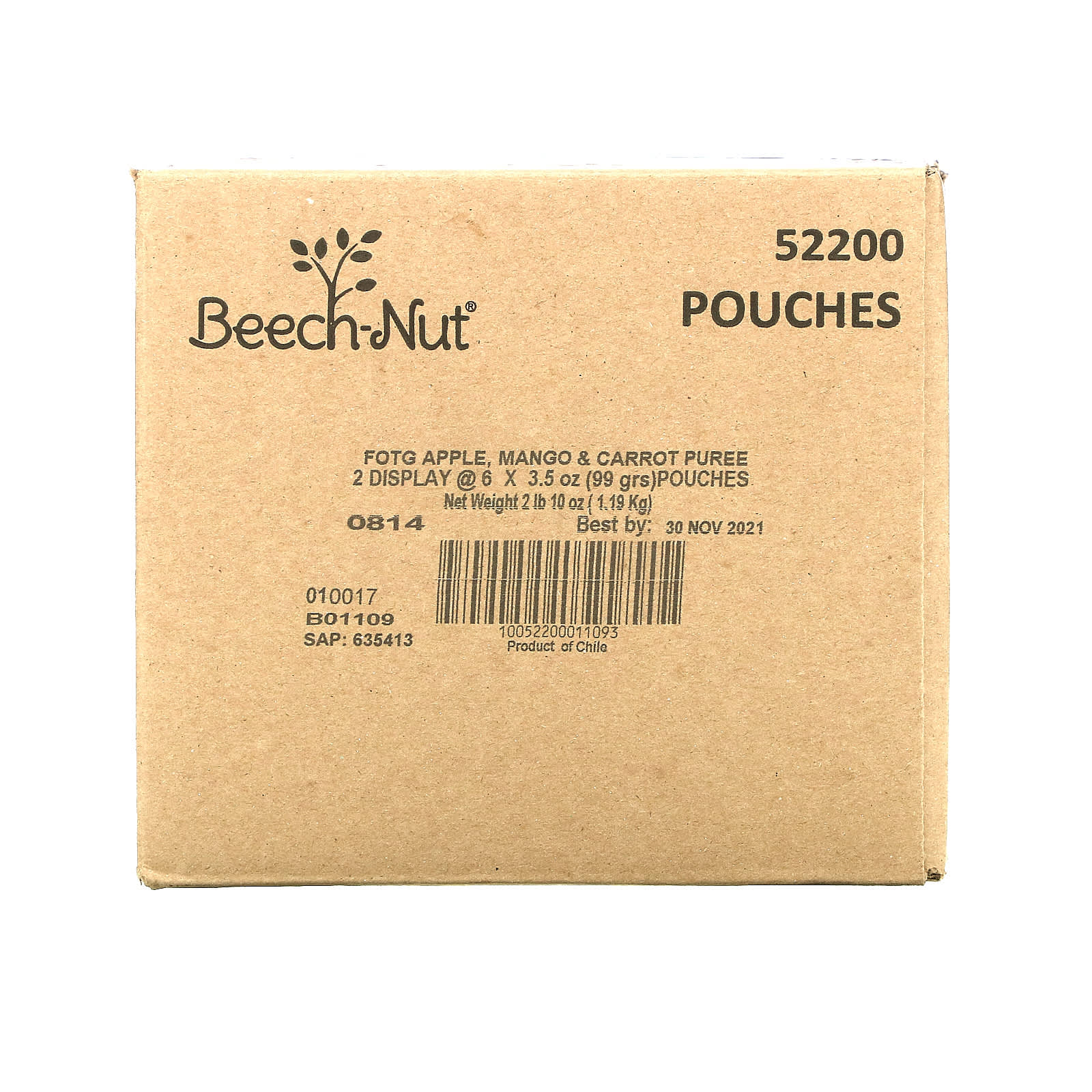 Beech-Nut, Фрукты, от 6 месяцев, яблоко, манго и морковь, 12 пакетиков, 99 г (3,5 унции)