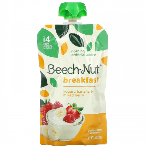 Beech-Nut, завтрак, для детей от 12 месяцев, йогурт с бананом и ягодами, 12 паучей по 99 г (3,5 унции)