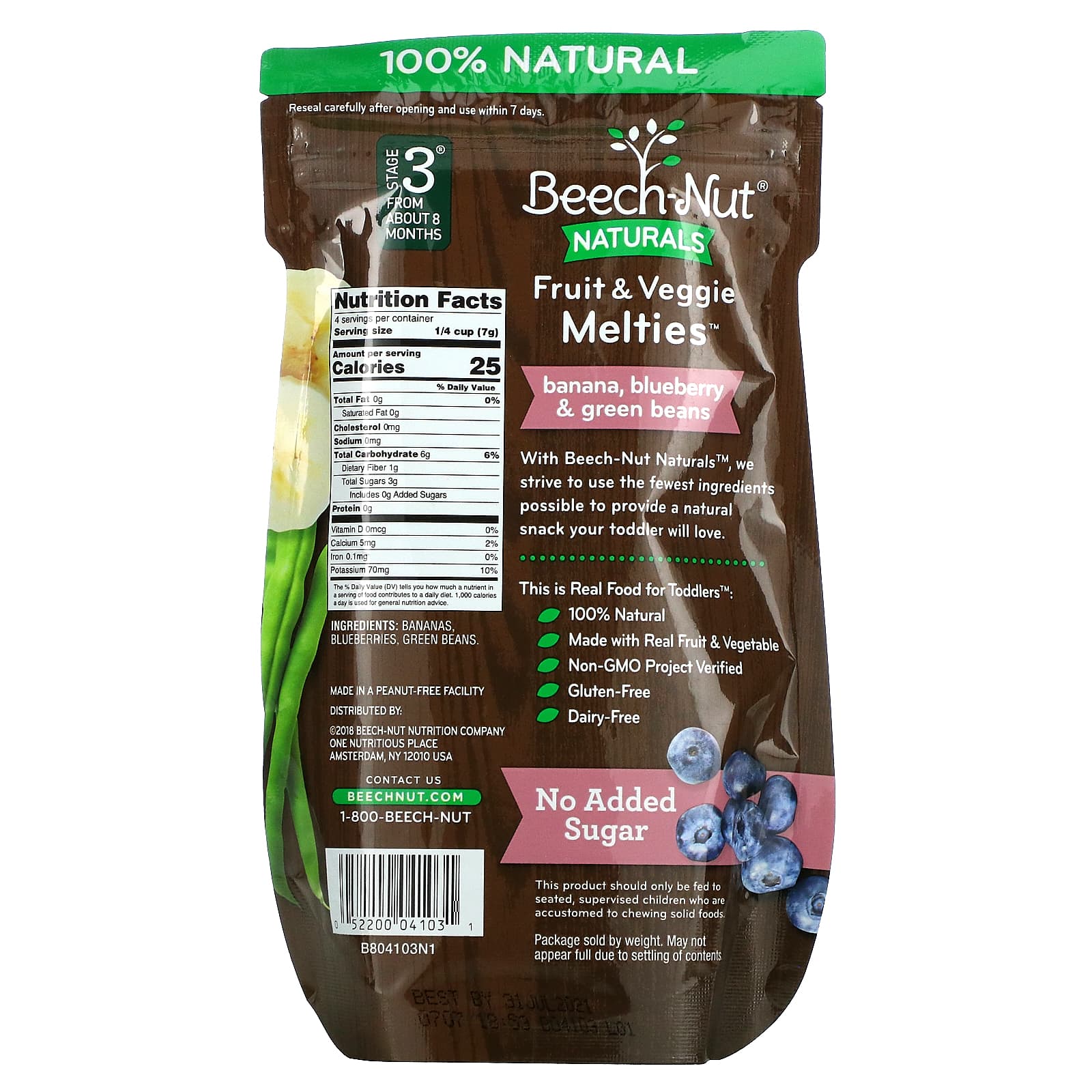 Beech-Nut, Naturals, Fruit & Veggie Melties, снек из фруктов и овощей, для детей от 8 месяцев, банан, голубика и стручковая фасоль, 28 г (1 унция)