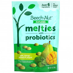 Beech-Nut, Naturals, снек с пробиотиками, для детей от 8 месяцев, груша, манго, шпинат и йогурт, 28 г (1 унция)