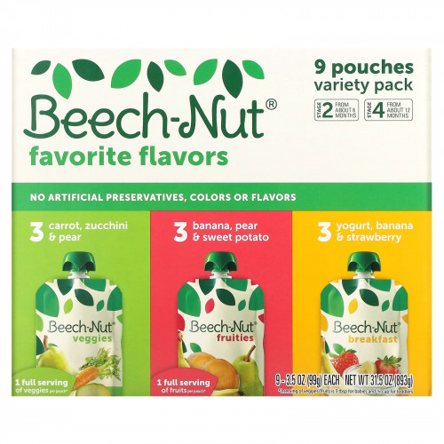 Beech-Nut, Favorite Flavors, для детей от 6 месяцев и старше, 9 пакетиков, 99 г (3,5 унции)