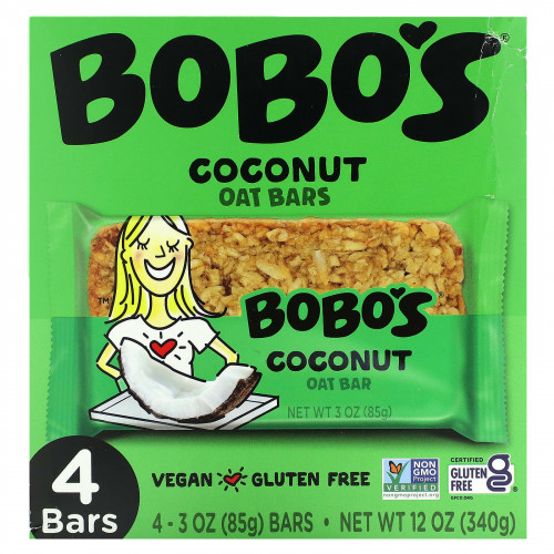 Bobo's Oat Bars, Кокосовые и овсяные батончики, 4 батончика по 85 г (3 унции)