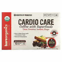 BareOrganics, Cardio Care, кофе с суперфудами, средней обжарки, 10 чашек по 11,5 г (0,41 унции)