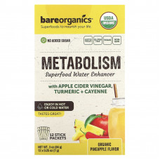 BareOrganics, Метаболизм, суперпродукты, улучшающие содержание воды, органический ананас, 12 пакетиков в виде стиков по 7 г (0,25 унции)