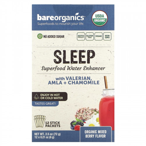 BareOrganics, Sleep, Superfood Water Enhancer, органическая смесь ягод, 12 пакетиков в стиках по 6 г (0,21 унции)