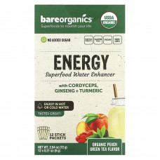 BareOrganics, Energy, Superfood Water Enhancer, органический зеленый чай с персиком, 12 пакетиков в стиках по 6 г (0,21 унции)