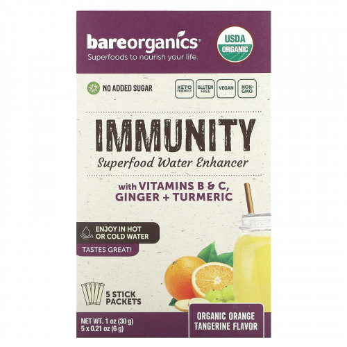 BareOrganics, Immunity, Superfood Water Enhancer, органический апельсин и мандарин, 5 пакетиков в стиках по 6 г (0,21 унции)