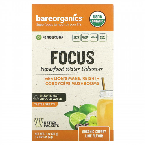 BareOrganics, Focus, Superfood Water Enhancer, органический вишневый лайм, 5 пакетиков в стиках по 6 г (0,21 унции)