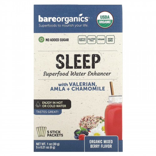 BareOrganics, Sleep, Superfood Water Enhancer, органическое ягодное ассорти, 5 пакетиков в стиках по 6 г (0,21 унции)