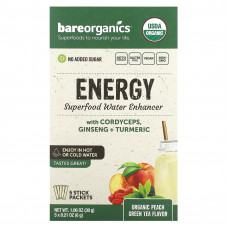 BareOrganics, Energy, Superfood, добавка воды, органический зеленый чай с персиком, 5 пакетиков в стиках, 6 г (0,21 унции)