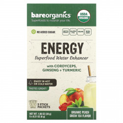 BareOrganics, Energy, Superfood, добавка воды, органический зеленый чай с персиком, 5 пакетиков в стиках, 6 г (0,21 унции)