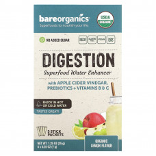 BareOrganics, Для пищеварения, суперпродукты, улучшающие качество воды, органический лимон, 5 пакетиков в стиках, 7 г (0,25 унции)