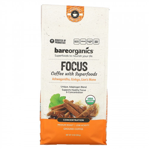 BareOrganics, Focus Coffee with Superfoods, молотый, средней обжарки, 283 г (10 унций)