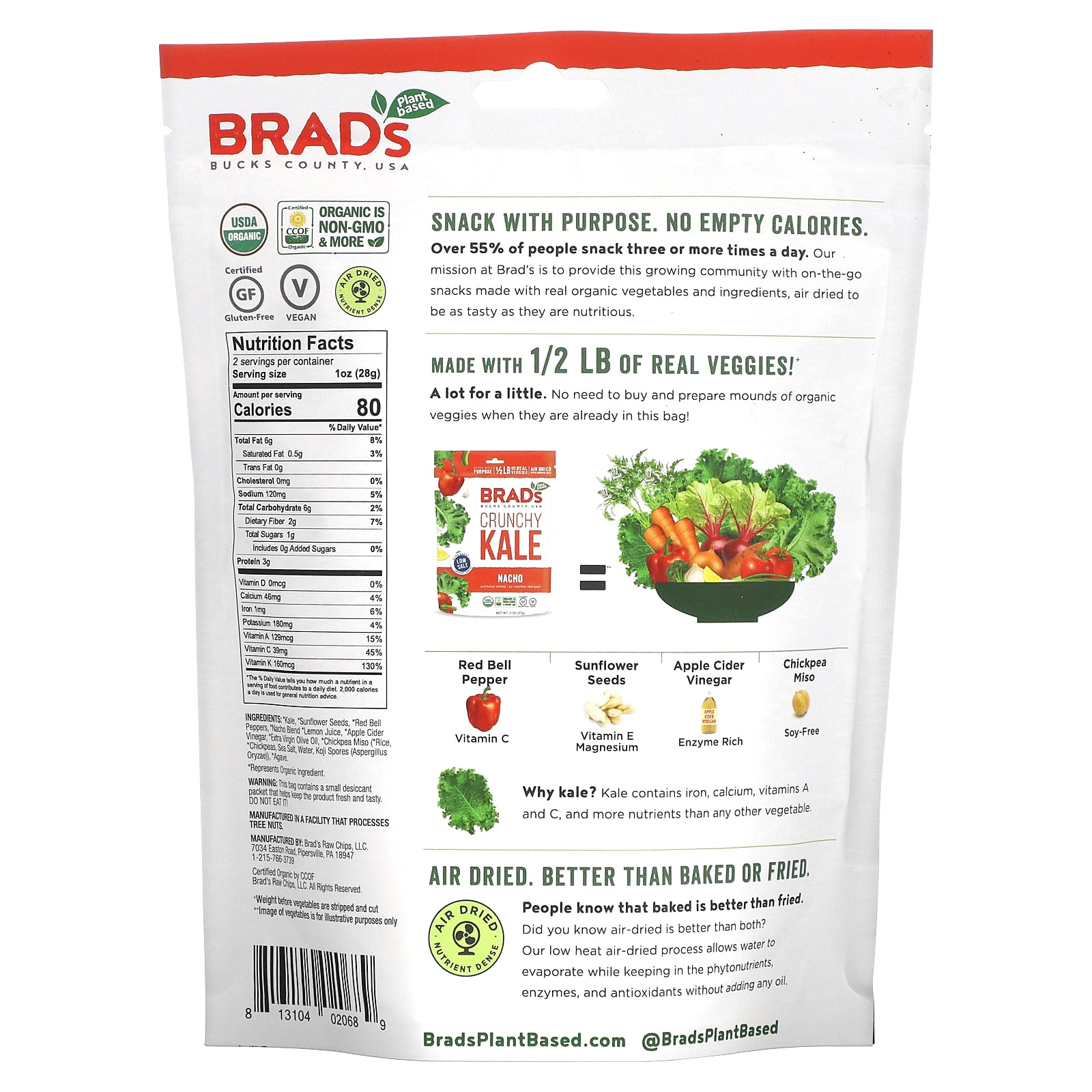 Brad's Plant Based, Хрустящая капуста, начо, 57 г (2 унции)