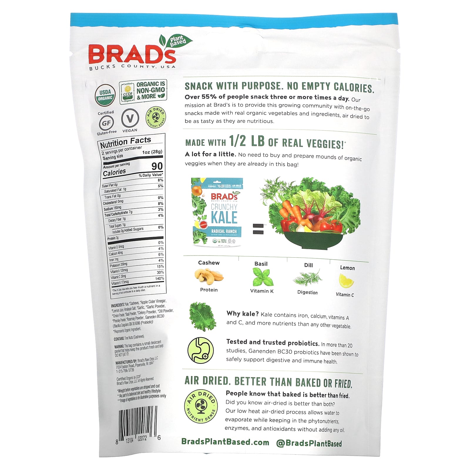 Brad's Plant Based, Crunchy Kale, Radical Ranch, 57 г (2 унции)