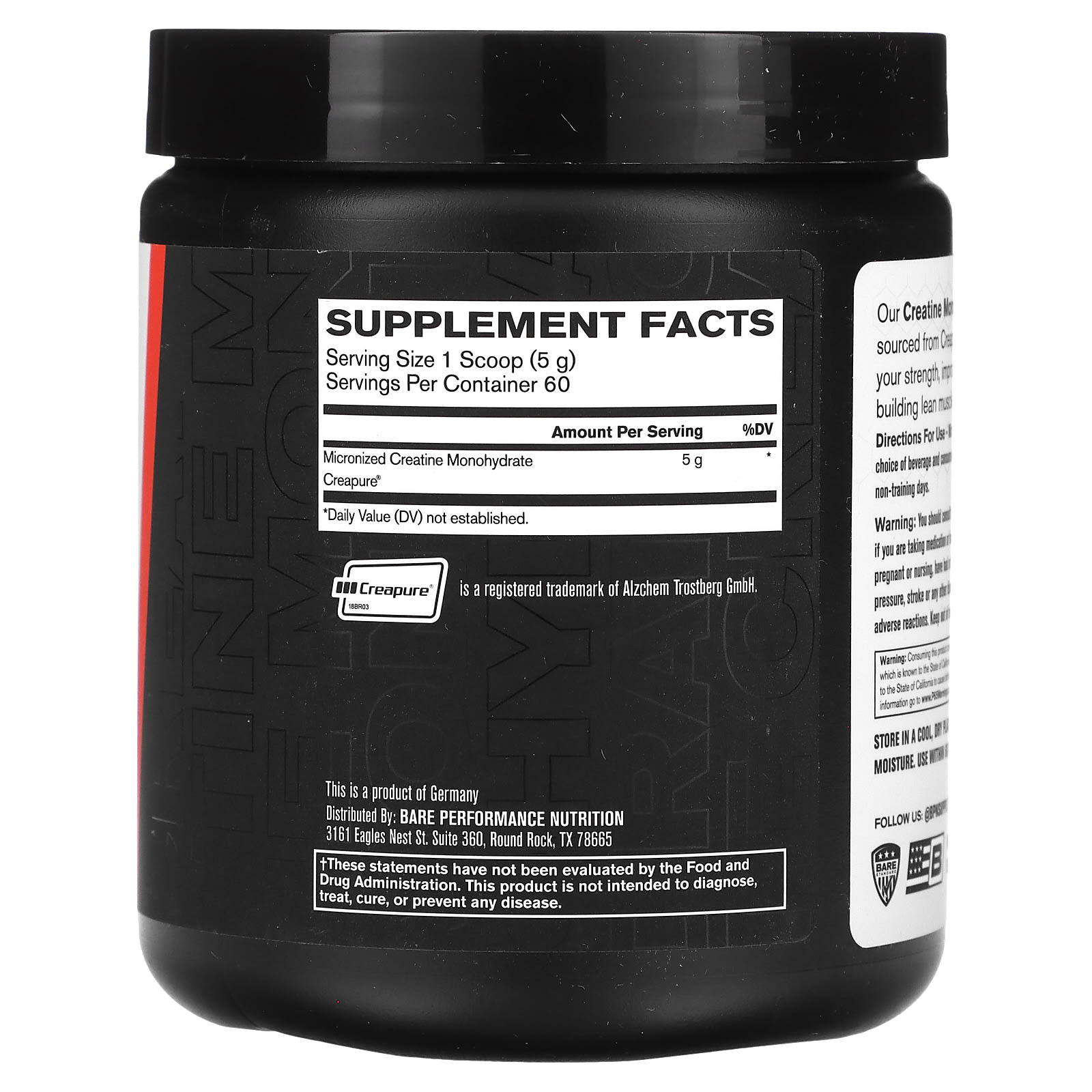 Bare Performance Nutrition, Моногидрат креатина, без добавок, 300 г (10,6 унции)