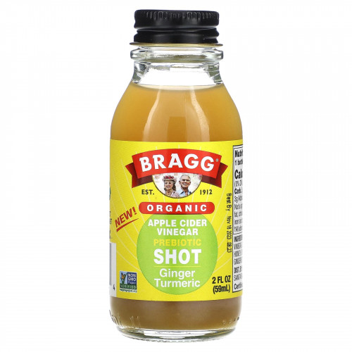Bragg, Органический яблочный уксус, пребиотик, шот, имбирь и куркума, 59 мл (2 жидк. Унции)