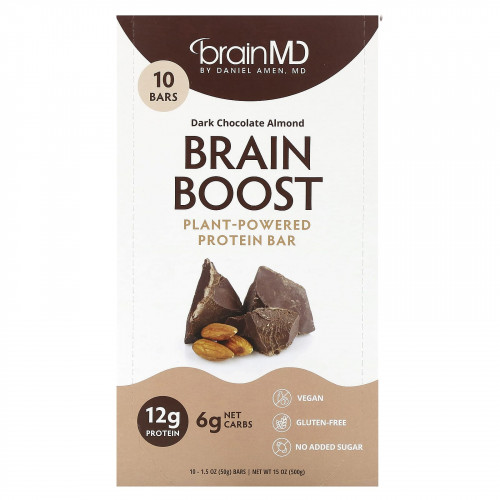 BrainMD, Brain Boost, батончик на растительной основе, протеиновый батончик, темный шоколад и миндаль, 10 батончиков по 50 г (1,5 унции)