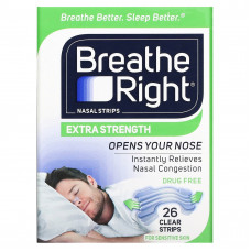 Breathe Right, Полоски для носа, усиленная, для чувствительной кожи, 26 прозрачных полосок
