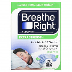Breathe Right, Полоски для носа, усиленная, для чувствительной кожи, 26 прозрачных полосок