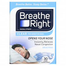 Breathe Right, Полоски для носа, прозрачные для чувствительной кожи, большие, 30 прозрачных полосок