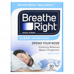 Breathe Right, Полоски для носа, прозрачные для чувствительной кожи, большие, 30 прозрачных полосок