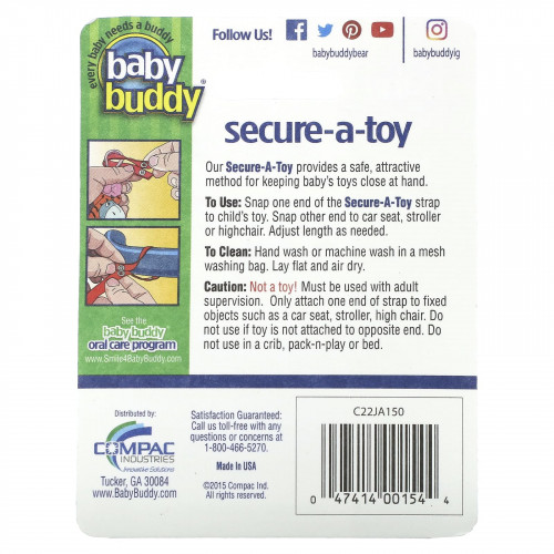 Baby Buddy, Secure-A-Toy, для детей от 4 месяцев, розовый и фиолетовый, 2 шт.
