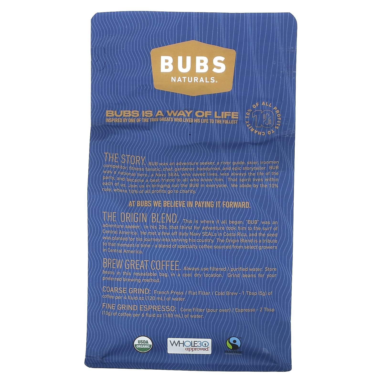 BUBS Naturals, Bubs Brew, смесь The Origin, молотая, темная обжарка, 340 г (12 унций)