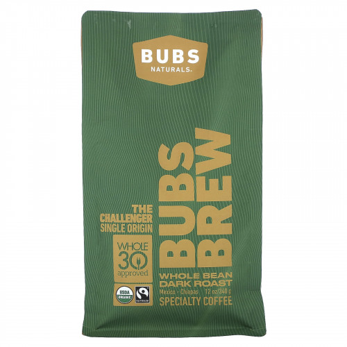 BUBS Naturals, Bubs Brew, Challenger Single Origin, цельные бобы, темная обжарка, 340 г (12 унций)