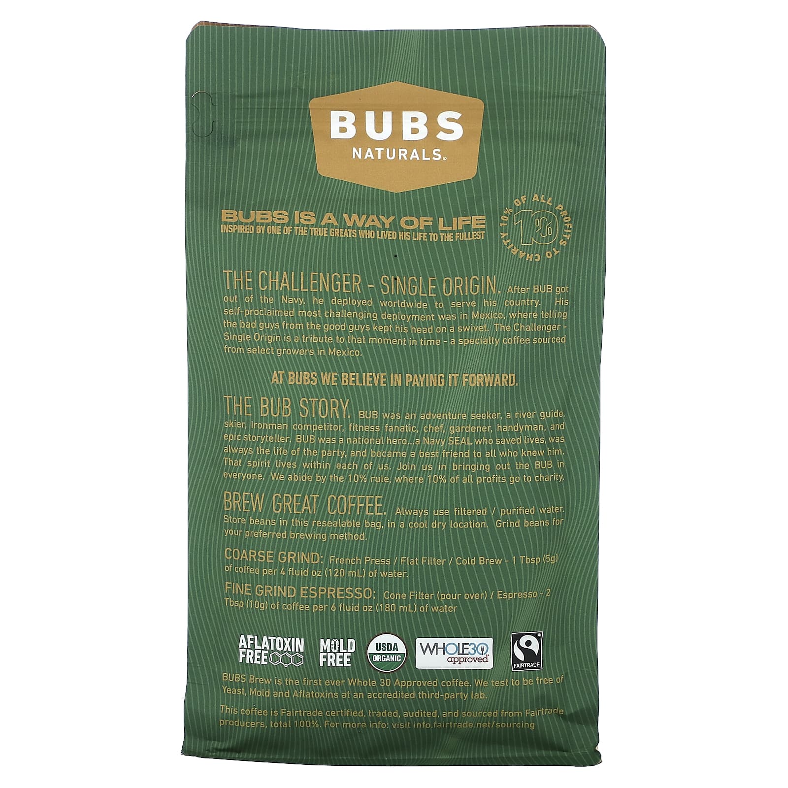 BUBS Naturals, Bubs Brew, Challenger Single Origin, цельные бобы, темная обжарка, 340 г (12 унций)