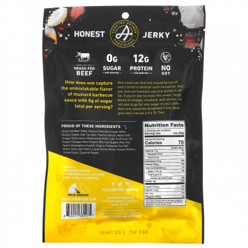 Country Archer Jerky, вяленые чипсы из говядины травяного откорма, без сахара, барбекю с горчицей, 56 г (2 унции)