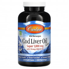 Carlson, Cod Liver Oil Gems, капсулы из жира печени дикой норвежской трески, высшего качества, 1000 мг, 250 капсул