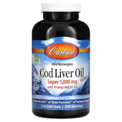 Carlson, Cod Liver Oil Gems, капсулы из жира печени дикой норвежской трески, высшего качества, 1000 мг, 250 капсул