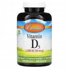 Carlson, витамин D3, 2000 МЕ (50 мкг), 360 мягких таблеток