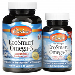 Carlson, EcoSmart Omega-3, натуральный ароматизатор «Лимон», 1000 мг, 90 + 30 желатиновых капсул