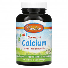 Carlson, Жевательные таблетки с кальцием для детей, с натуральным ванильным вкусом, 250 мг, 60 таблеток