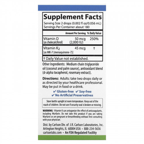 Carlson, Super Daily, витамины D3 + K2 в жидкой форме, 10,16 мл (0,34 жидк. унции)
