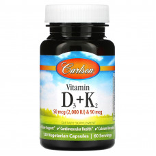Carlson, Витамин D3 и K2, 50 мкг (2000 МЕ) и 90 мкг, 120 вегетарианских капсул