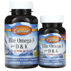 Carlson, Elite Omega-3 с витаминами D и K, натуральный лимонный вкус, 60 (+ 30 бонусных) мягких капсул