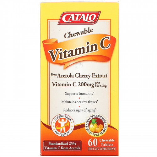 Catalo Naturals, Жевательный витамин C, апельсин и ананас, 100 мг, 60 жевательных таблеток