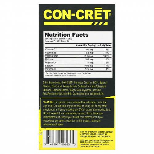 Con-Cret, Пакетики для очищающих увлажняющих напитков, без сахара, лимон и лайм, 14 пакетиков по 4,38 г (0,15 унции)