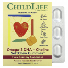 ChildLife Essentials, Essentials, омега-3 с ДГК и холином, жевательные таблетки SoftChew Gummies, со вкусом маракуйи, 27 таблеток