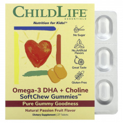 ChildLife Essentials, Essentials, омега-3 с ДГК и холином, жевательные таблетки SoftChew Gummies, со вкусом маракуйи, 27 таблеток