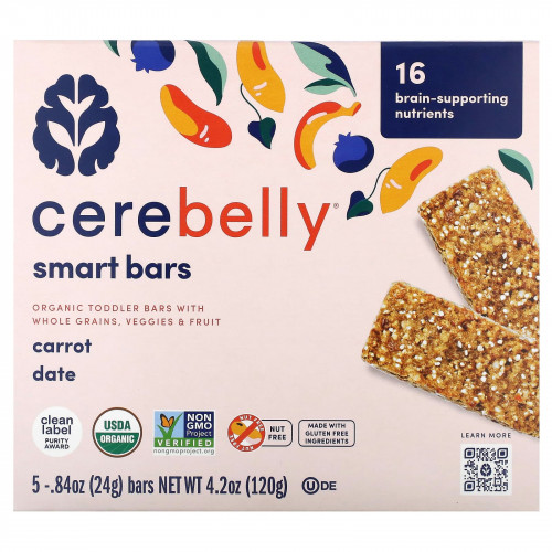 Cerebelly, Smart Bars, органические батончики для малышей, с морковным фиником, 5 батончиков, по 24 г (0,84 унции)