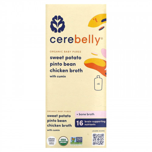 Cerebelly, Organic Baby Puree, Sweet Potato, Pinto Bean, Chicken Broth with Cumin, 6 Pouches, 4 oz (113 g) Each